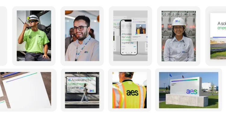 Collage of images showcasing AES branding and activities, including the AES logo, workers in safety gear, digital screens with energy solutions, and outdoor signage.