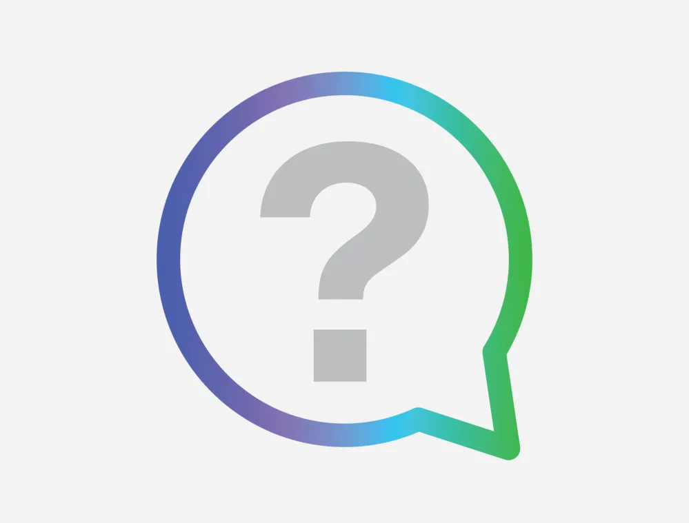 Illustration of a speech bubble with a gradient outline containing a gray question mark on a light gray background.
