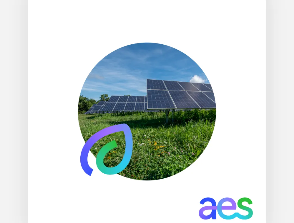 Circular image of solar panels in a green field under a blue sky with AES logo and leaf design overlay.