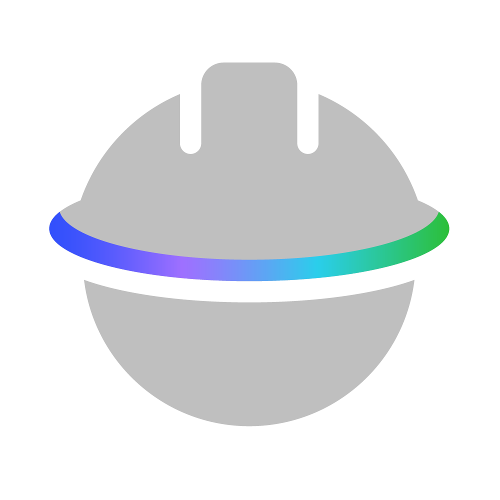 AES Icon for Safety First: grey hard hat image intersected with half-circle of AES colors