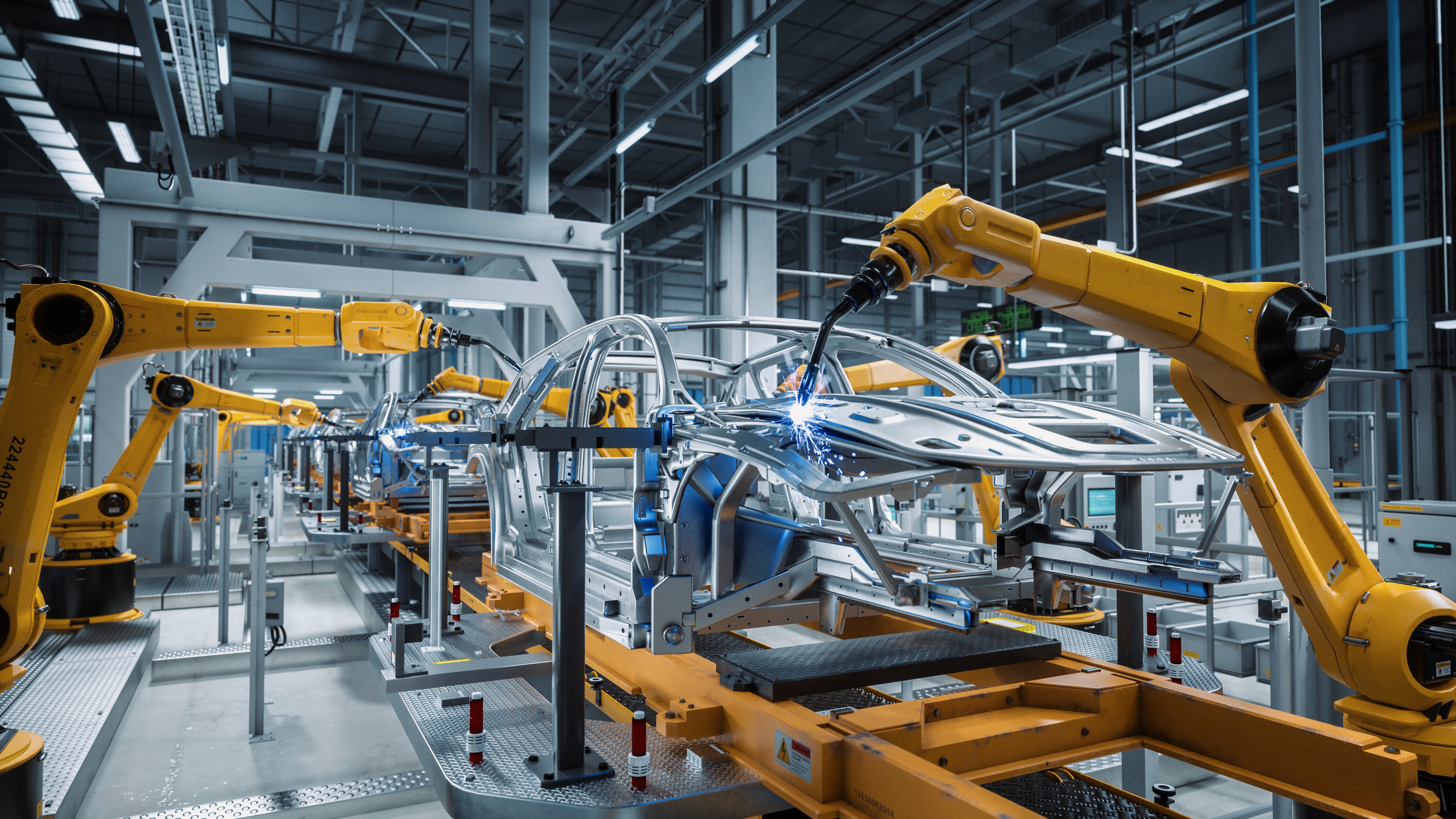 Robotic arms assembling a car frame in an automated factory setting. The yellow robots are welding and working on the metal structure under bright industrial lighting.