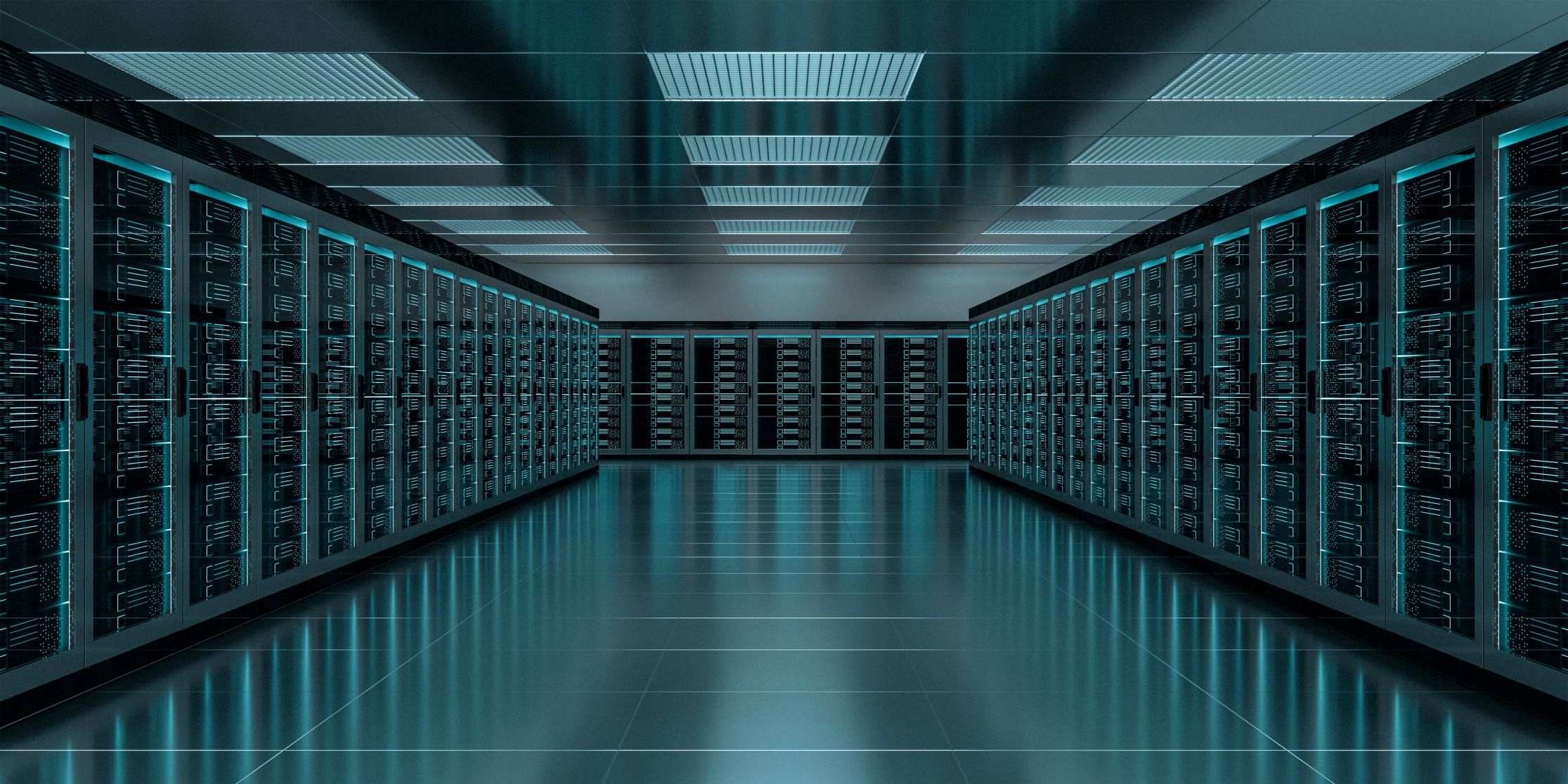A futuristic data center with rows of server racks on both sides, illuminated by blue lights. The floor and ceiling are reflective, enhancing the high-tech ambiance.