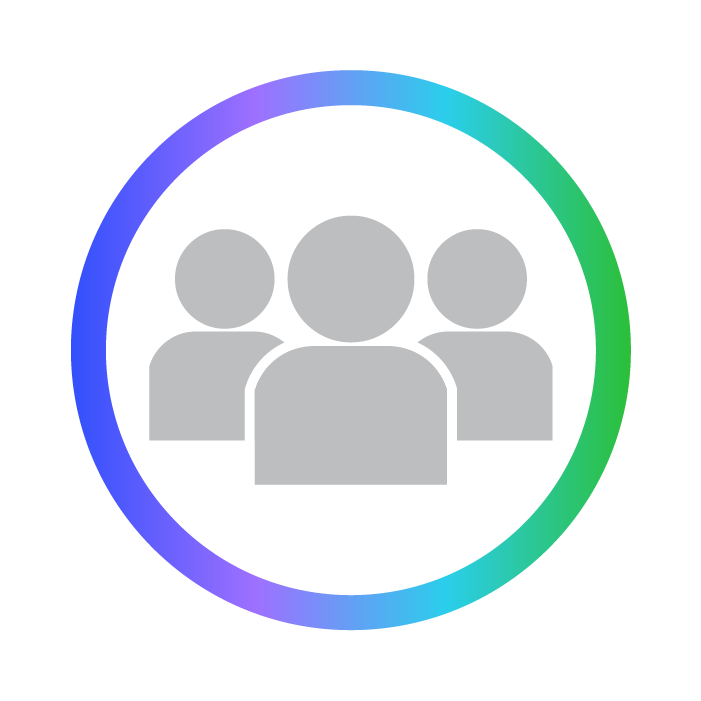 Icon of three gray silhouettes representing people inside a circle with a gradient border from purple to green.
