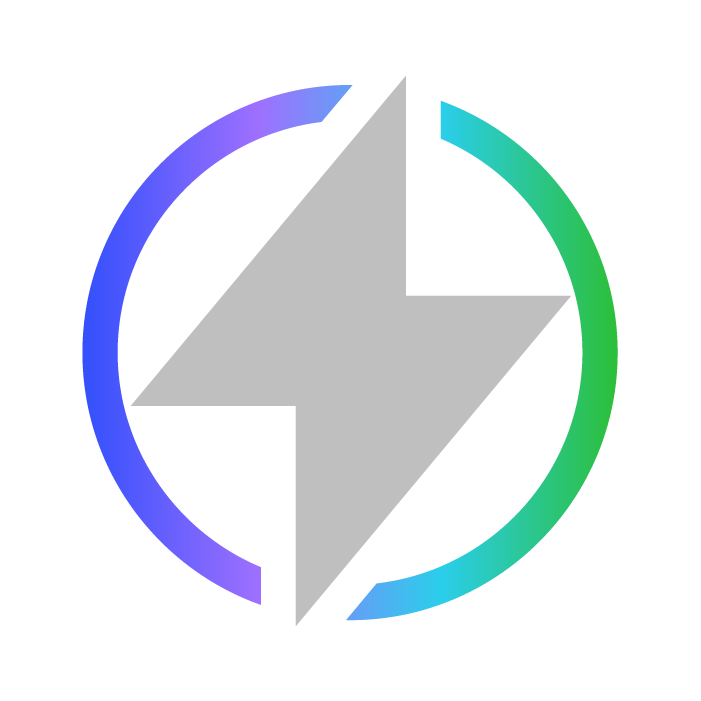 A logo featuring a grey lightning bolt inside a circular gradient ring transitioning from purple to blue to green.