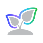 Icon of a gray plant with two leaves outlined in gradient colors of blue, purple, and green, on a white background.