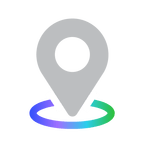 A gray map pin icon with a circular hole in the center, positioned above a multicolored ring transitioning from blue to green.