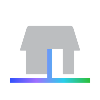 Illustration of a gray house with a blue line extending from its door to a horizontal line, transitioning from blue to green.