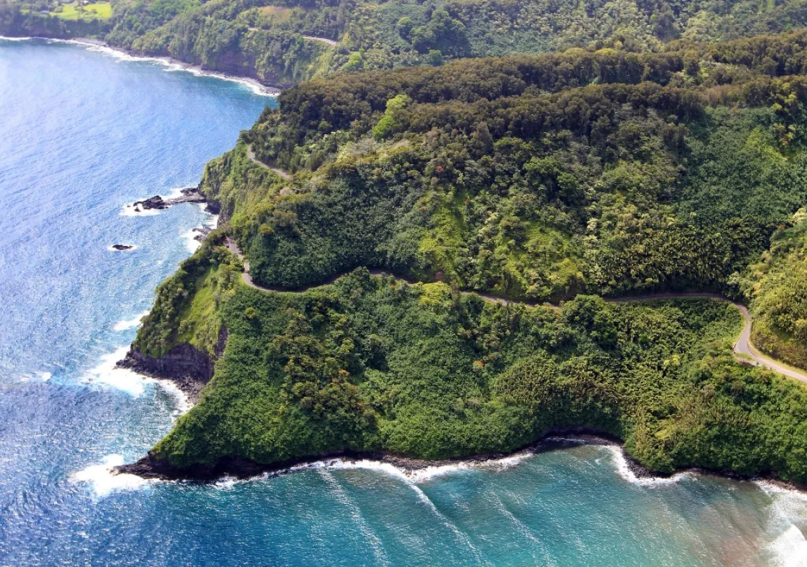 Aerial view of a coastal area with lush green hills and a winding road running along the edge. The coastline is bordered by clear blue ocean waters with gentle waves. Dense vegetation covers the hills, creating a vibrant landscape against the ocean backdrop.