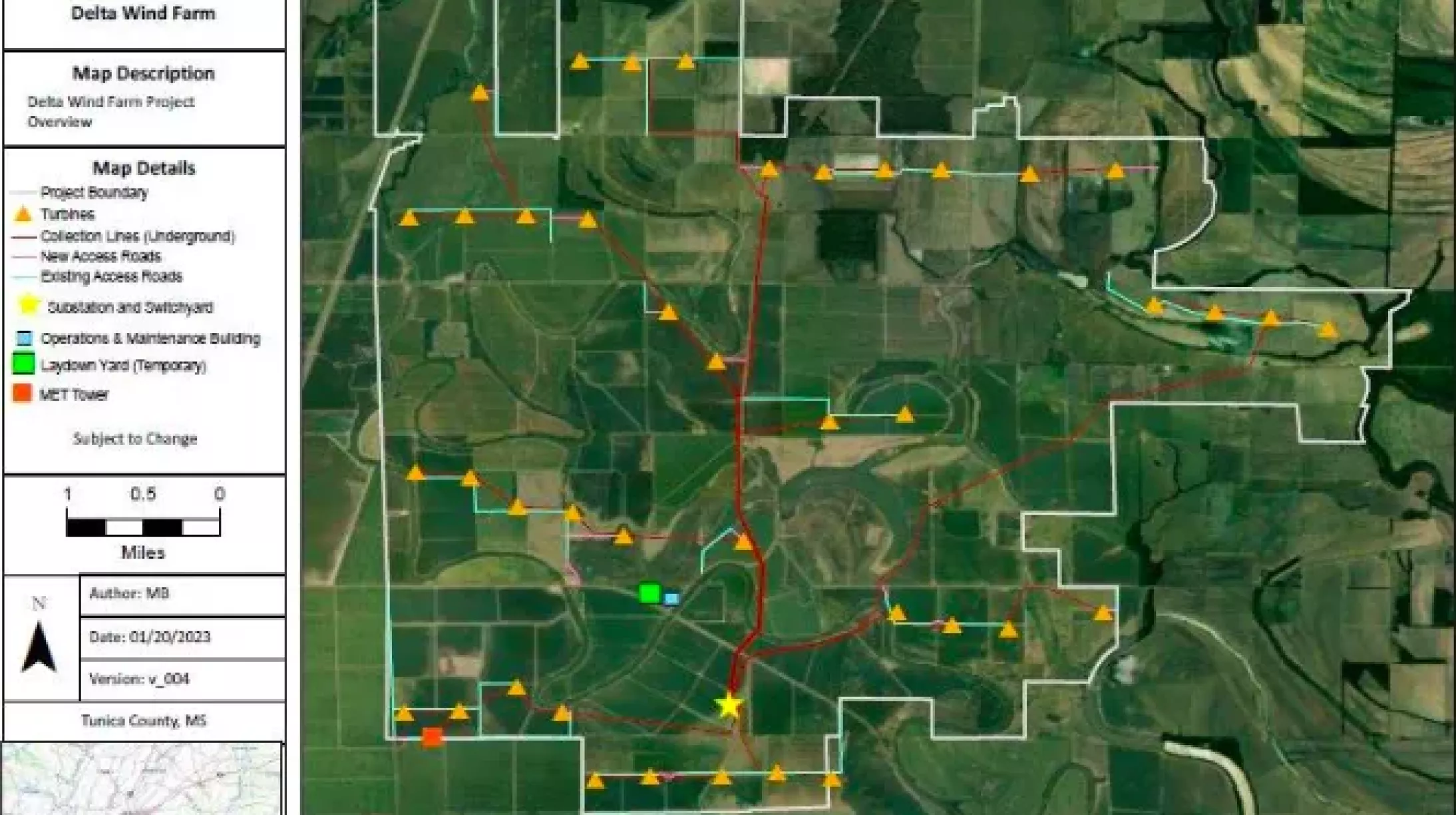 Map of Delta Wind Farm project area with various features marked. Yellow triangles represent turbines, red lines indicate underground collection lines, and orange lines show new access roads. A green square marks the substation and switchyard. The map includes a legend, scale, and project details on the left, with a satellite view of the area on the right.