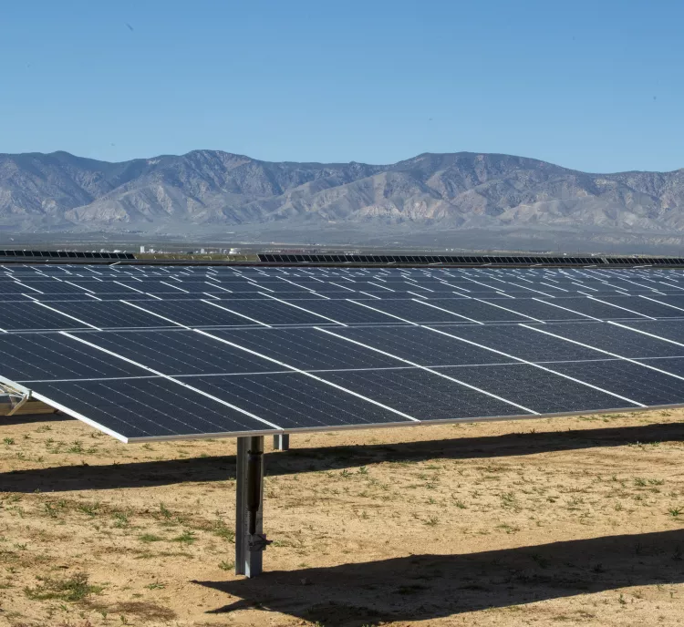 A large array of solar panels is installed in a desert landscape with mountains in the background under a clear blue sky.