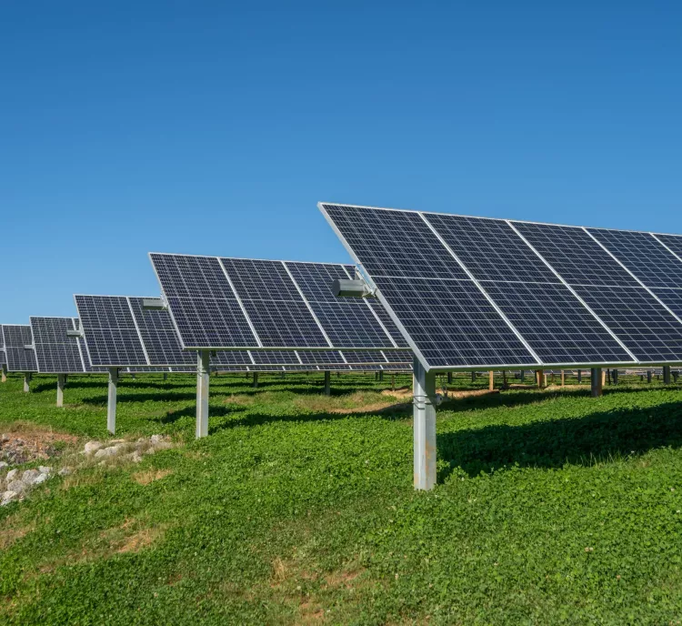 A field of solar panels arranged in rows on a grassy landscape under a clear blue sky. The panels are tilted towards the sun, capturing solar energy.