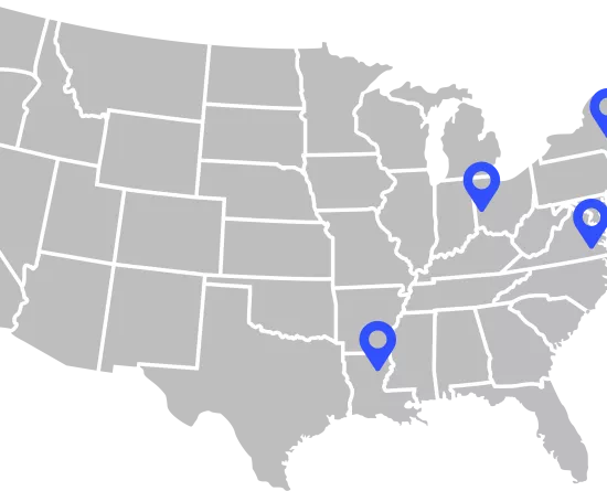 A map of the United States with five blue location markers placed in California, Tennessee, Ohio, New York, and Washington, D.C.