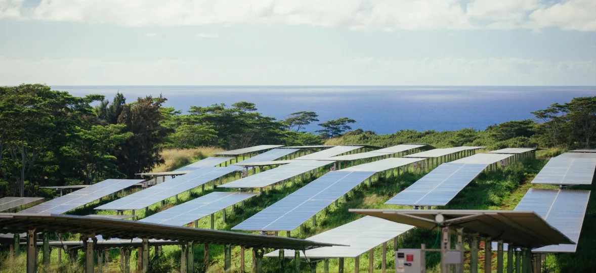 Rows of solar panels in a green field with trees and the ocean in the background under a partly cloudy sky.