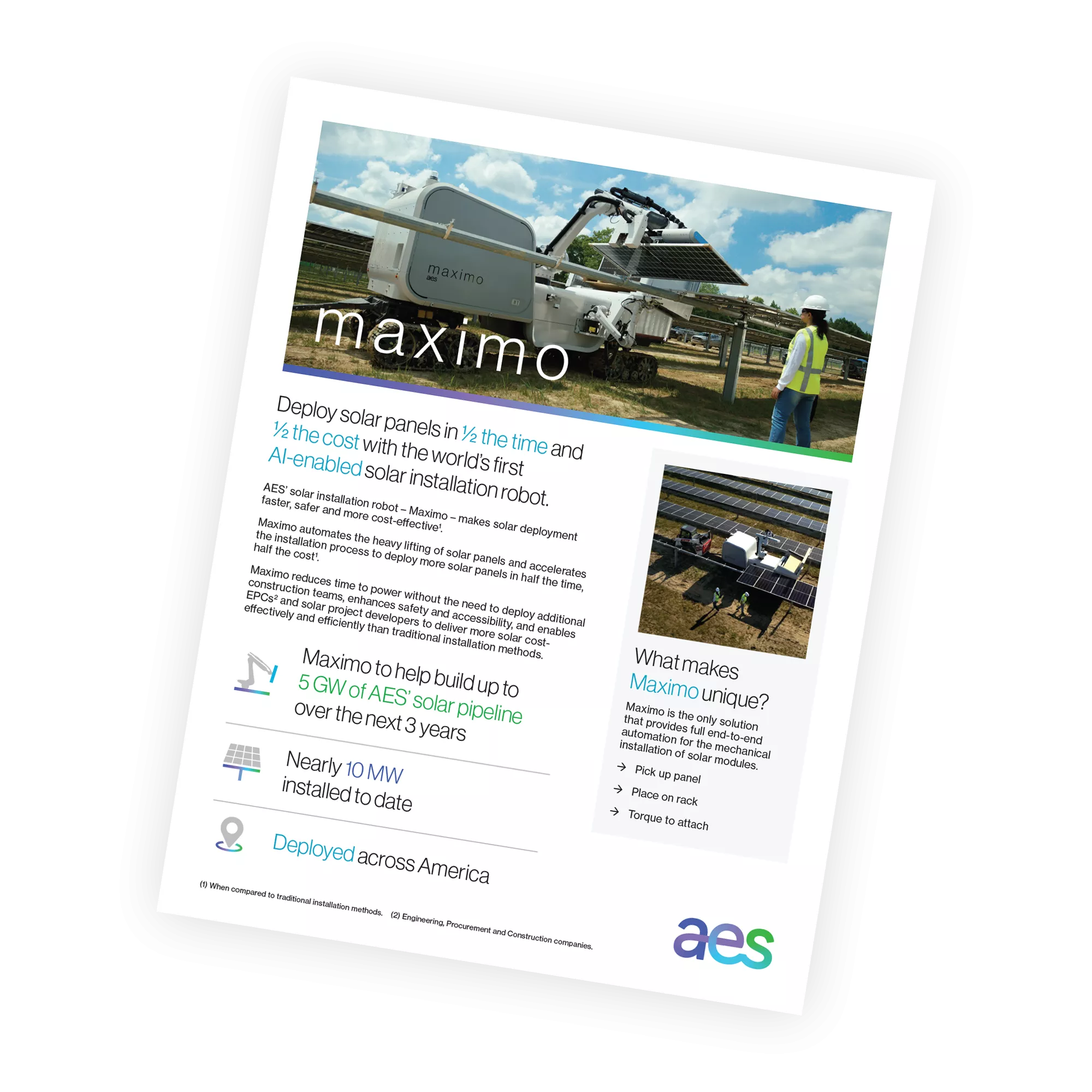 A promotional flyer for Maximo, an AI-enabled solar installation robot by AES. It highlights the robot's ability to deploy solar panels in half the time and cost. The flyer includes an image of the robot in action, a list of features, and mentions the deployment of 5 GW of solar pipeline over the next 3 years across America. AES logo is at the bottom.
