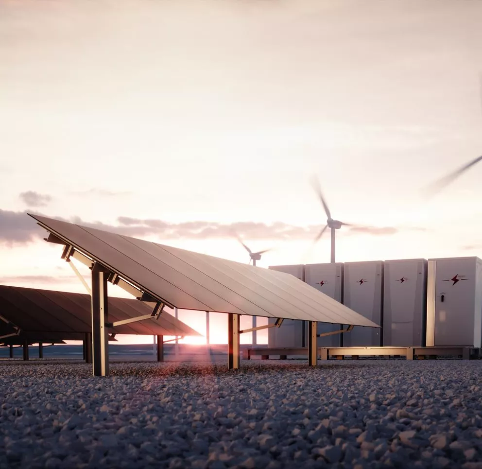 A renewable energy facility at sunset featuring rows of solar panels, wind turbines, and battery storage units. The sky is a soft gradient of pink and orange hues.