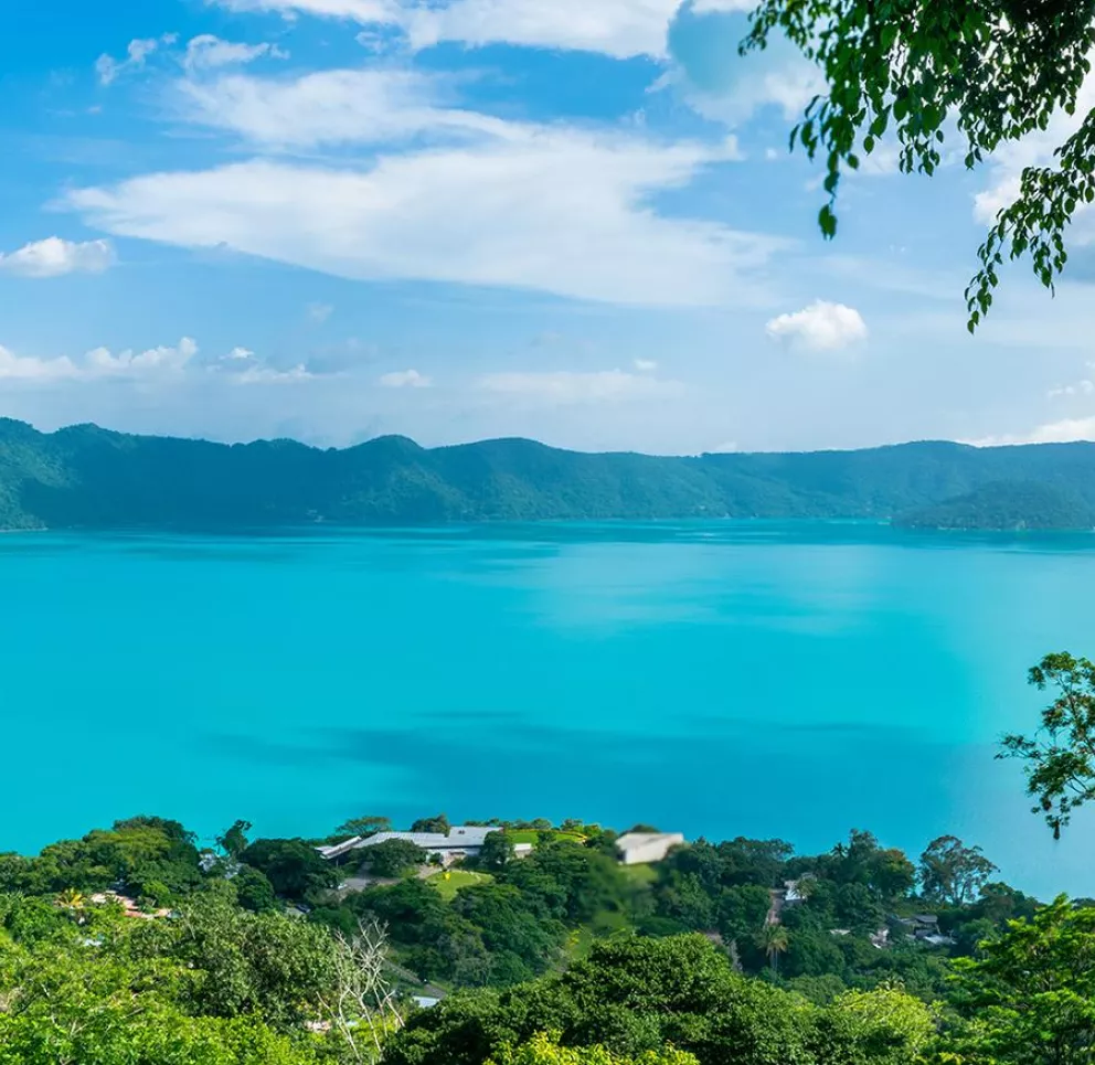 Panoramic view of a turquoise lake surrounded by lush green hills under a clear blue sky with scattered clouds. Foreground includes leafy trees framing the scene.