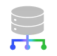 An icon of a gray database with three colored lines extending from the bottom, representing connectivity. The lines are blue, purple, and green, ending in small circles.