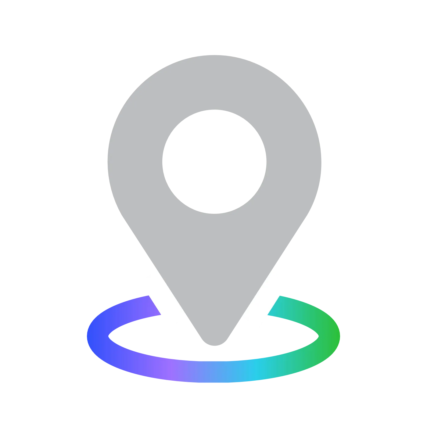 A gray map pin icon with a circular hole in the center, positioned above a ring with a gradient from blue to green, on a black background.