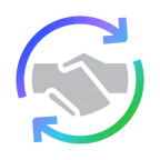 Illustration of two hands shaking, surrounded by two curved arrows forming a circle, one blue and one green.