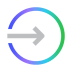 A gray arrow pointing right, enclosed by a circular gradient border transitioning from blue to green.