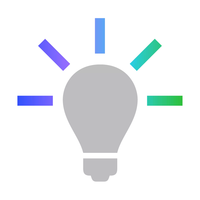 A gray light bulb icon with colorful rays emanating from it, including shades of blue, purple, and green.