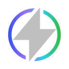 A circular logo with a gray lightning bolt in the center. The circle is formed by a gradient line transitioning from blue to green.