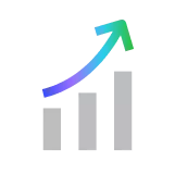 Three gray bars of increasing height with a curved arrow above, changing from blue to green, pointing upward to the right.