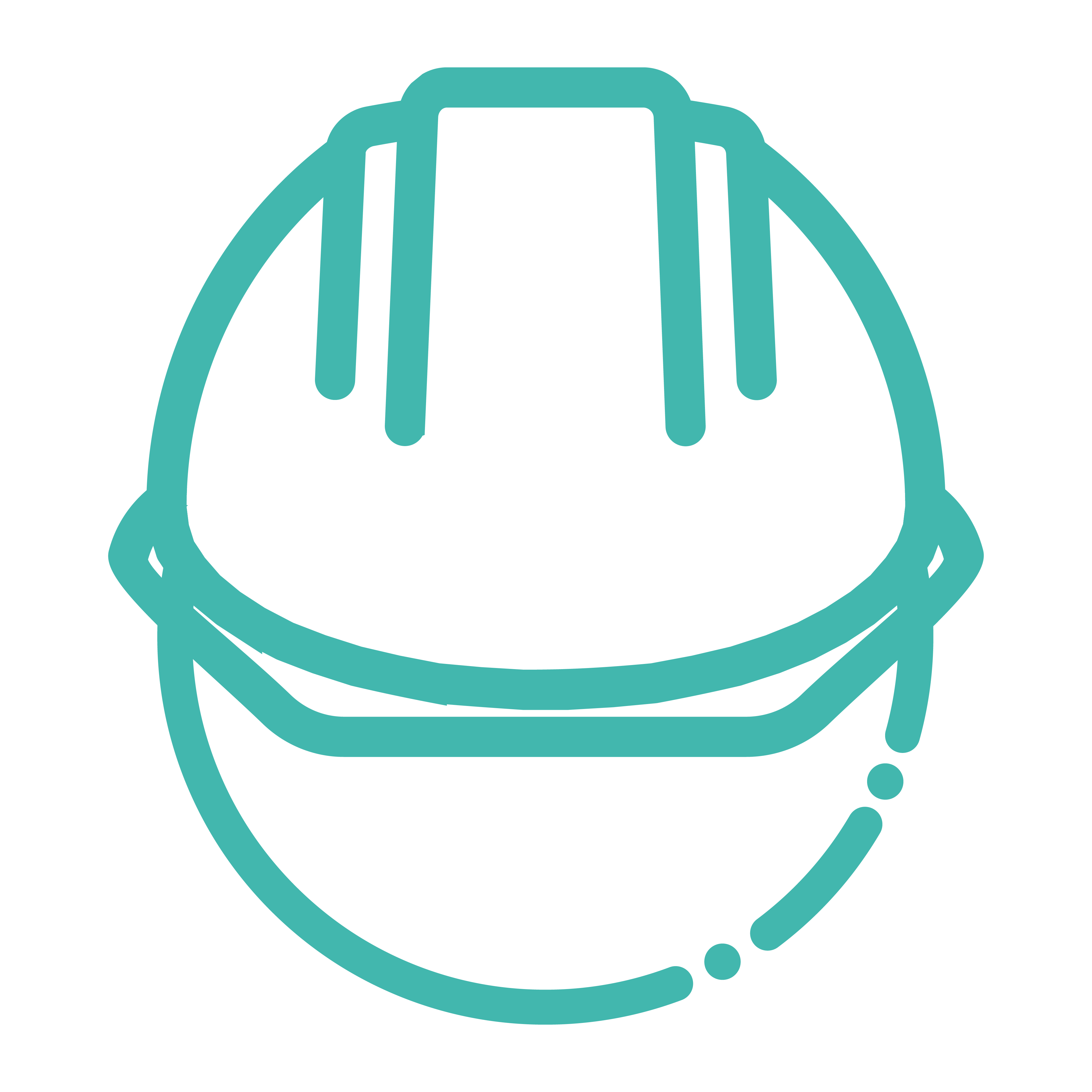 Simple teal line drawing of a construction hard hat on a black background.